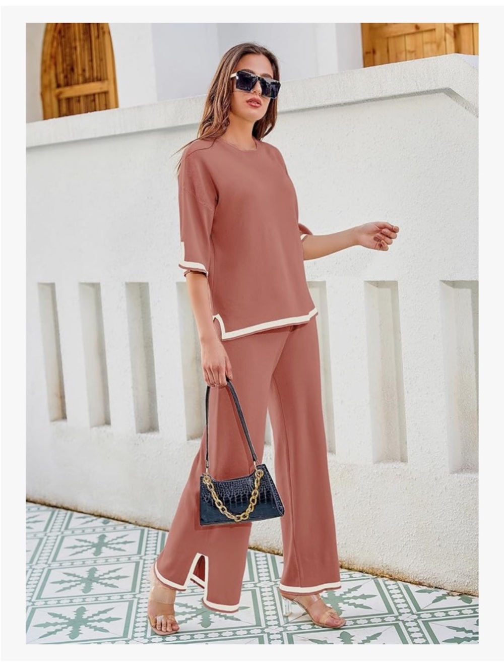 Women’s 2 Piece Lounge Sets Short Sleeve Knit Pullover Tops Wide Leg Pants